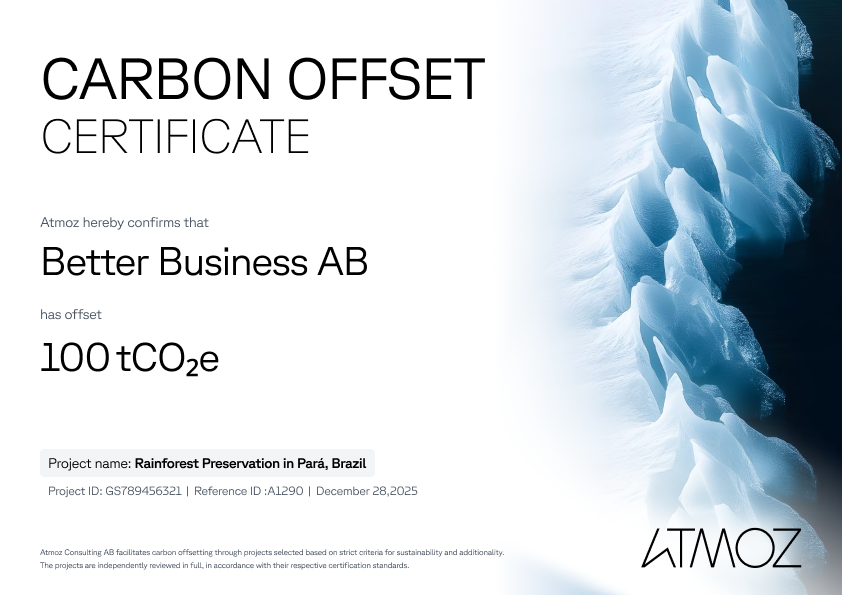 Atmoz carbon offset certificate - Better Business AB, 100 tCO₂e retired